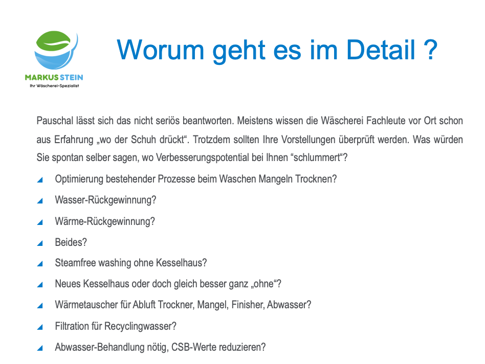 Worum geht es im Detail? Übersicht zu Optimierung, Wasser- und Wärmerückgewinnung, Steamfree Washing, Wärmetauschern, Recyclingwasser und Abwasserbehandlung